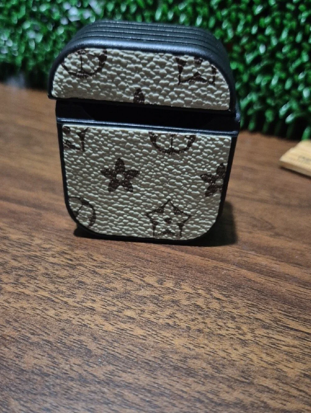 Beige Monogram-Patterned AirPods Case with Gold Lock Accent